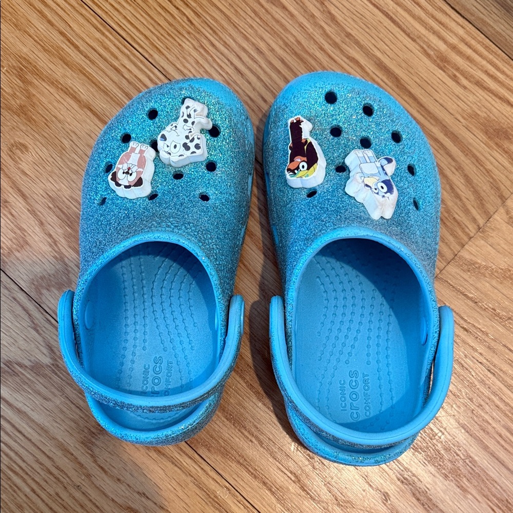 CROCS Kids Sparkly Blue Sandals with Fun Charms